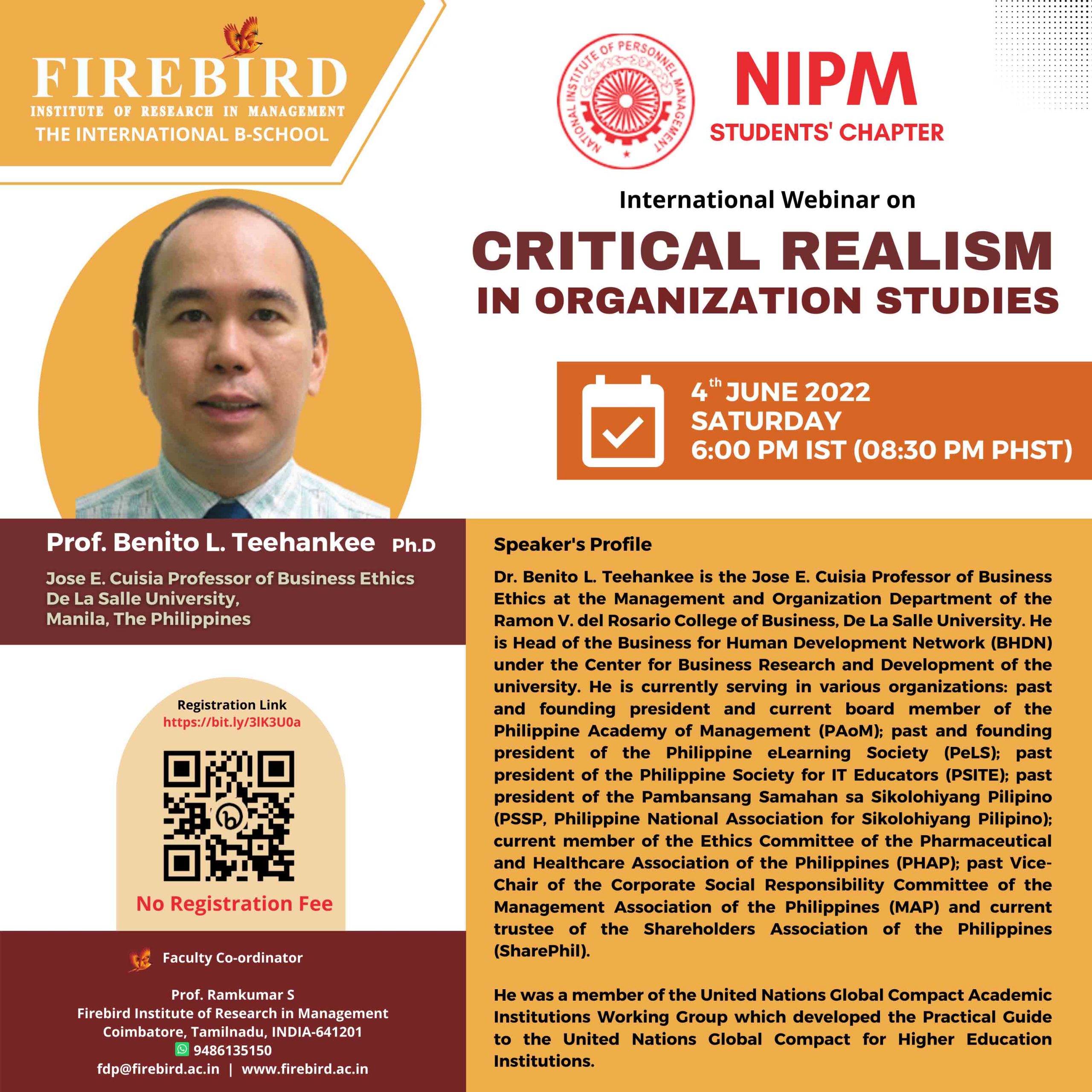 NIPM Students Chapter International Webinar on Critical Realism in Organization Studies 4th June 2022